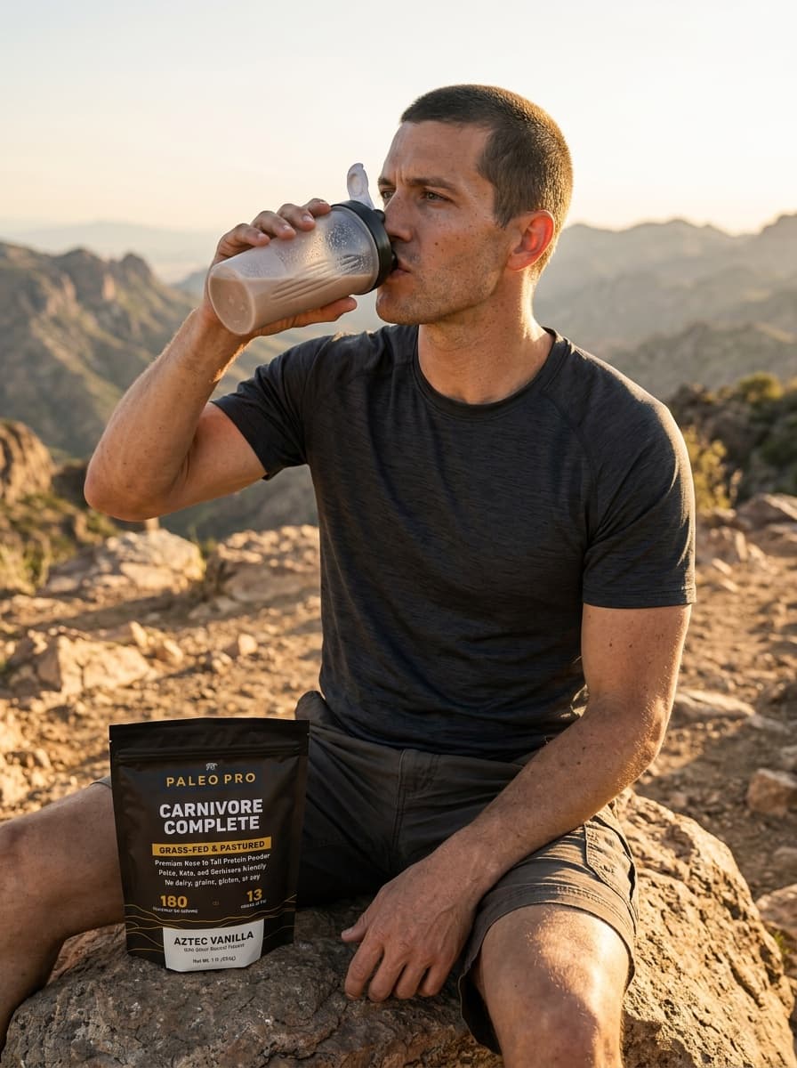 Real Vermeer render: a man drinking from a shaker on a rocky trail overlook at golden hour, the Paleo Pro pouch beside him