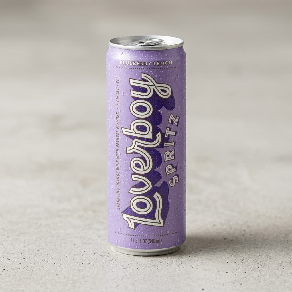 Real Vermeer render: a chilled Loverboy Spritz can with condensation on a concrete surface